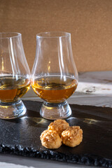 Scotch single malt and blended whisky tasting on distillery in Scotland close up