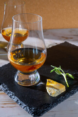 Scotch single malt and blended whisky tasting on distillery in Scotland close up