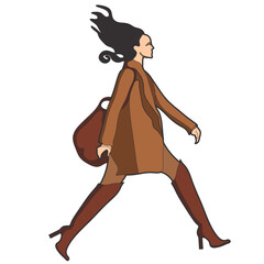 
A girl with a big bag, in a coat and boots. Graphics. Illustration on the theme of fashion, active lifestyle, work, business.