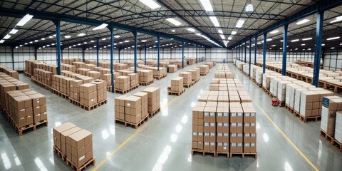 Warehouse with endless pallets of boxes and storage, robots and people working, massive factory facility, ai generated.