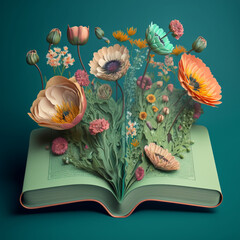 Flowers growing from a book. Generative AI.