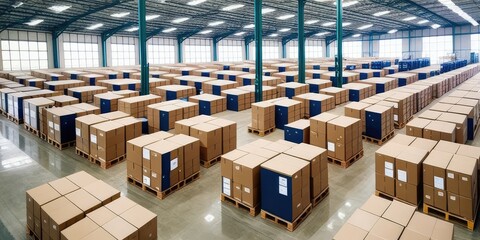 Warehouse with endless pallets of boxes and storage, robots and people working, massive factory facility, ai generated.