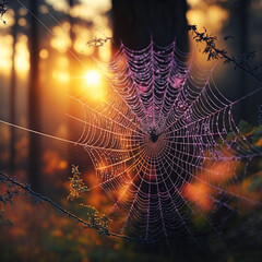 Spider web in the forest at sunset. Generative AI.