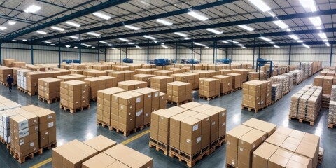 Warehouse with endless pallets of boxes and storage, robots and people working, massive factory facility, ai generated.
