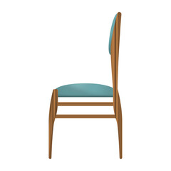 Dark wood chair side view in realistic style. Turquoise seat. Home wooden furniture design. Colorful PNG illustration.