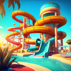 Water park during the summer on a sunny day. Generative AI.