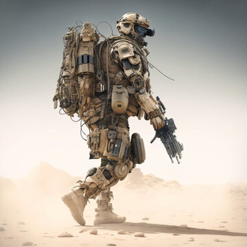 Soldier with exoskeleton. Generative AI.