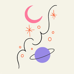 Vector sticker, tattoo. The tattoo is drawn with a thin line. Bright tracery, Saturn and moon, hand drawn sketch. Vector illustration.
