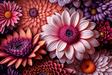 A background made of colorful beautiful flowers. Created with Generative AI.
