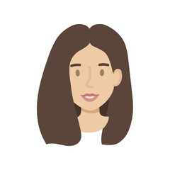 Girl face flat. Friendly young woman with long dark hair. Hand drawn vector illustration.