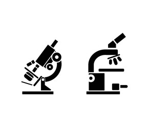 Two detailed monocular microscopes with different objective lenses icon set vector. Analysis laboratory logo symbol.
