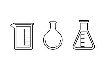 Chemistry laboratory glassware icon set vector. Scientific chemistry laboratory containers icons. Beaker, boiling flask, or Florence flask and Erlenmeyer flask line vector.