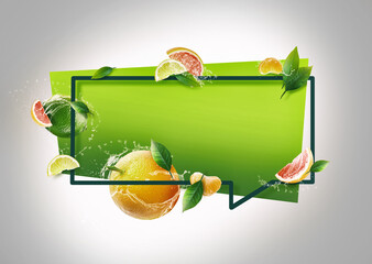 3d illustration of a fruits splash frame with orange, grapefruit, lime, tangerine and mint. Design for cards, party invitation, Print, Frame Clip Art and Business Advertisement and Promotion - 564374739