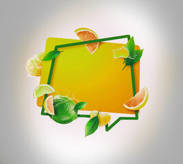 3d illustration of a fruits splash frame with orange, grapefruit, lime, tangerine and mint. Design for cards, party invitation, Print, Frame Clip Art and Business Advertisement and Promotion - 564374744