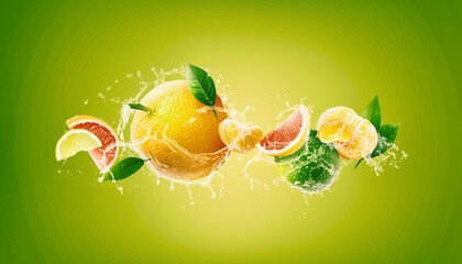 Falling fresh citrus fruits, grapefruit, lime, tangerine, mint and splashing water on green background, cut fresh fruits 3d illustration - 564374753