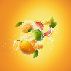 Falling fresh citrus fruits, grapefruit, lime, tangerine, mint and splashing water on orange background, cut fresh fruits 3d illustration - 564374773