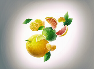 Falling fresh citrus fruits, grapefruit, lime, tangerine, mint and splashing water on white background, cut fresh fruits 3d illustration - 564374780