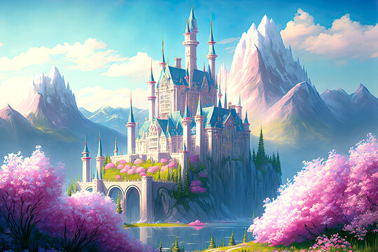 A magical romantic and blooming land with magnificent castle. Postproducted generative AI digital illustration.