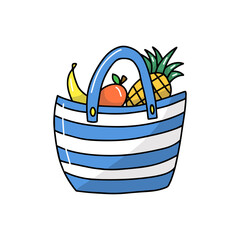 Beach bag striped woman vector illustrations cartoon drawings vacation holiday fashion fruits summer concept isolated on white background