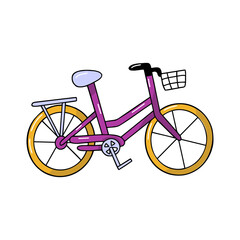 Drawn doodle purple bicycle riding traveler trip illustration vector hipster courier delivery driving transport isolated on white background