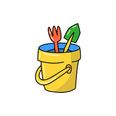 Yellow baby bucket rake shovel shovel sand concept child beach summer vacation flat vector illustration isolated on white background