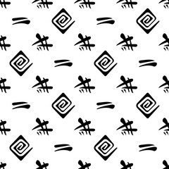 Seamless geometric background from abstract hieroglyph, square fogur. Simple Scandinavian pattern for printing on fabric, wallpaper, bedding, paper, cover.