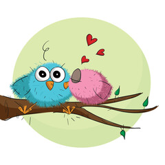 Cute illustration of two little birds kissing on a tree branch with a large moon in the background. Valentine's Day Card