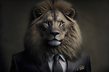 Portrait of a lion dressed in a formal business suit. 3d illustration
