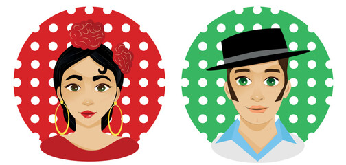 Naklejka premium Faces of woman and man with flamenco aesthetics. Pair of Andalusian icons with polka dots background ideal for placing on the doors of the bathrooms of the casetas of the April fair