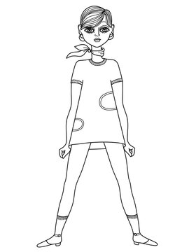 Retro girl 60's. Vector young woman twiggy style cut wearing in fashion short retro dress isolated on white background for print or coloring book.