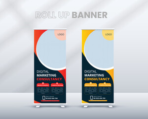 Modern business agency stands roll up banner design stands template layout for exhibition with 2 colors. editable roll-up banner vector template