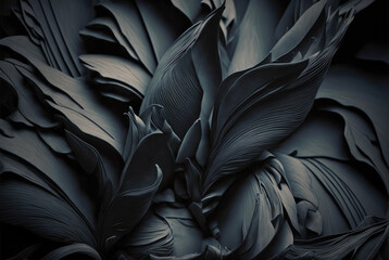 Extreme Closeup of Immaculate Black Flower and Flower Petals with intricate details shown through lighting and shadows for backgrounds and graphic design