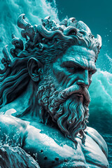 Majestic statue of Poseidon, the Greek god of the seas. Face washed by high ocean waves, generative ai