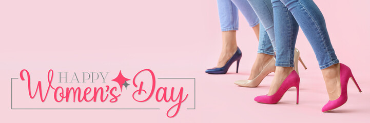 Banner for International Women's Day with beautiful female legs on pink background