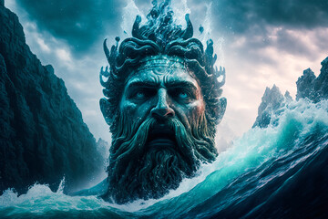 Majestic statue of Poseidon, the Greek god of the seas. Face washed by high ocean waves, generative ai