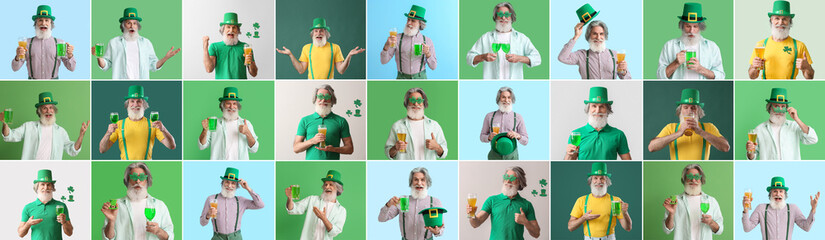 Collage of funny senior man celebrating St. Patrick's Day on color background