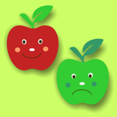 The red apple smiles, and the green one is sad. Vector illustration.
