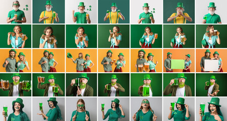 Collage of different happy people celebrating St. Patrick's Day on color background