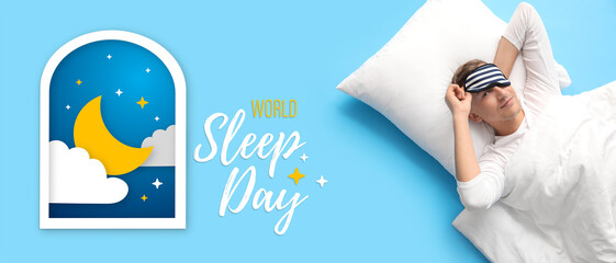 Banner for World Sleep Day with lying man in pajamas, with blindfold and bedding