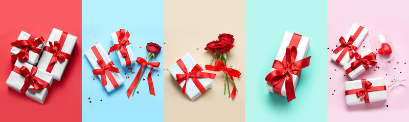 Collage with many gifts for Valentine's Day on color background, top view