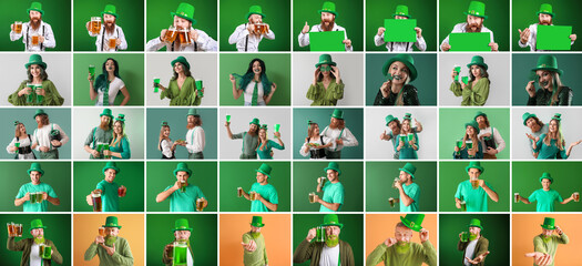 Collage of different people celebrating St. Patrick's Day on color background
