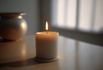 A candle on the table with the blurred vase on the background and the window light. Calm interior. Home ambiance. 