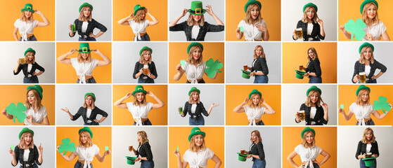 Collage of funny young woman celebrating St. Patrick's Day on color background