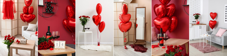 Collage of home interiors with gifts, rose flowers, glasses of wine and balloons for Valentine's Day celebration