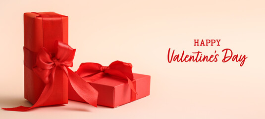 Greeting card for Valentine's Day with gifts on light background