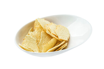 Crispy chips with herbs in a white bowl. Appetizing snack. Close-up. Isolated on white background.