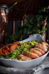 Winter salad: Shredded brussels sprouts salad with poached shrimp and orange supremes.