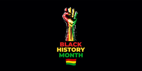 Black history month horizontal banner with protest raised fist colored in African flag isolated on black background. Black history month horizontal poster, flyer with black mans fist