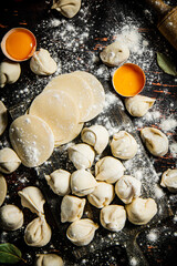 Raw dumplings on a cutting board with egg and flour. 