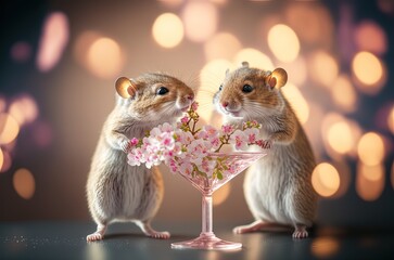 illustration of cute rat couple drink from champagne glass with pink flower blossoming, idea for valentine's day or love theme background wallpaper Generative Ai